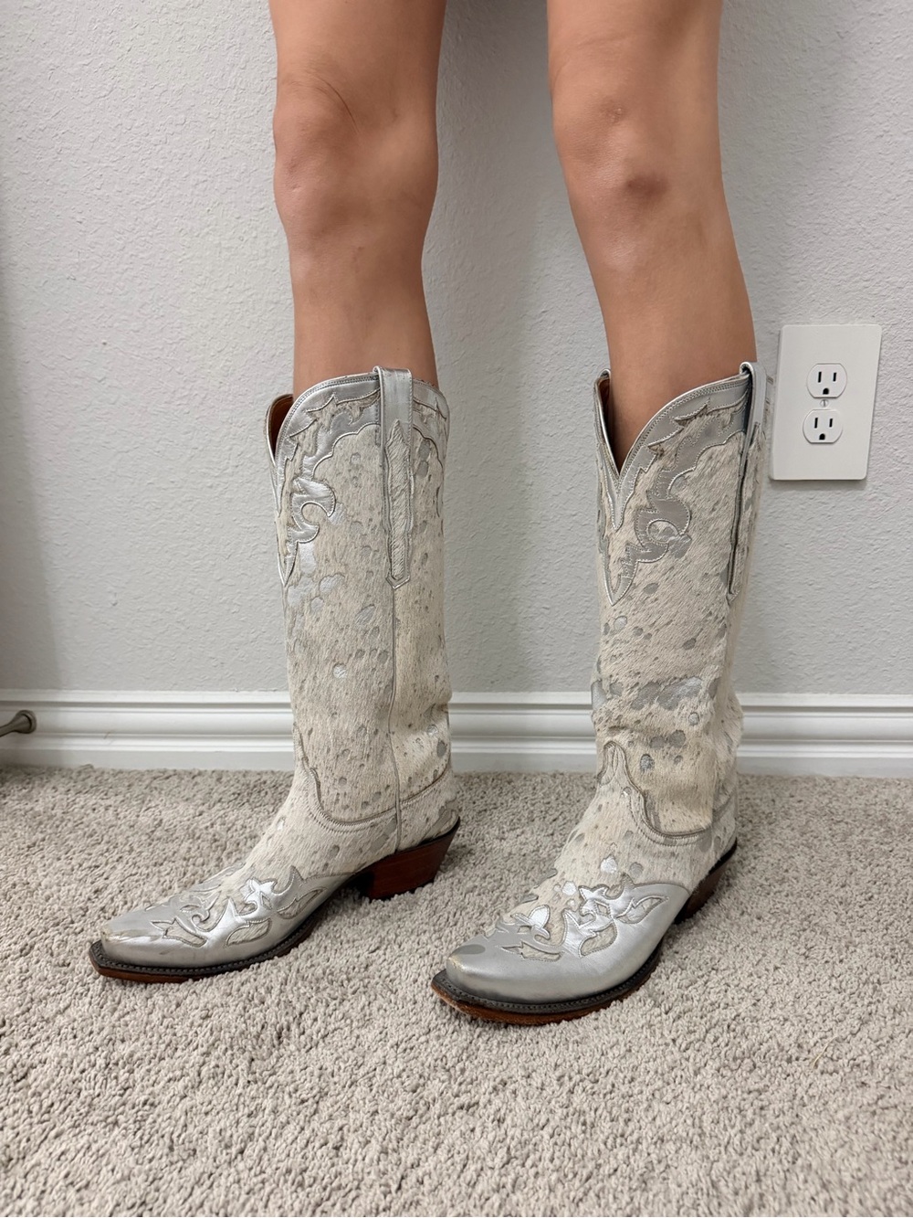 Lucchese Silver and Cream Embroidered Over-the-Knee Western Boots